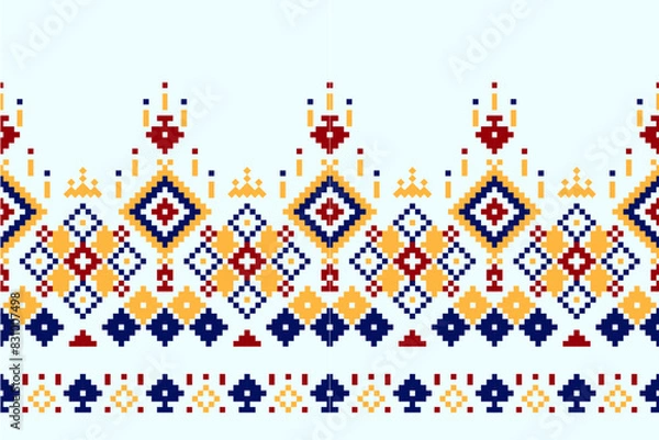 Fototapeta Ethnic geometric seamless fabric pattern Cross Stitch.Ikat embroidery oriental Pixel pattern black background. Abstract,vector,illustration. Texture,Cross Stitch,frame,decoration,motifs,wallpaper.