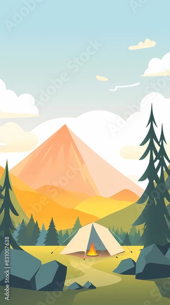Fototapeta Vector camping tent in the forest.Summer camp with bonfire, tent, backpack . cartoon landscape with mountain, forest and campsite.