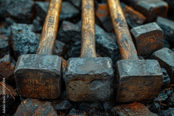 Fototapeta Close-up of weathered sledgehammers, showcasing rust and time's impact, lying on a bed of coal pieces