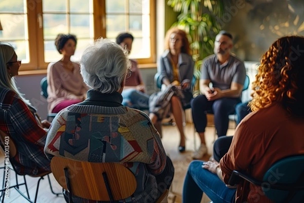 Fototapeta Support group session with diverse participants sharing in a comfortable setting