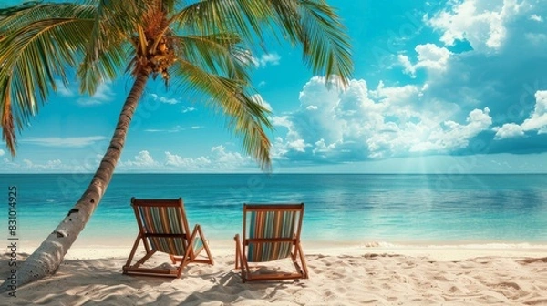 Fototapeta A beautiful tropical beach with palm trees, white sand and two sun loungers on a background of turquoise ocean and blue sky with clouds.
