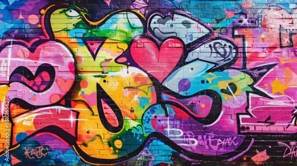 Fototapeta A graffiti wall, LGBTQ pride theme, blend of text and imagery, rainbow and pastel colors, energetic style. Cityscape background. Detailed graffiti work, colorful and soft lighting, shadows enhancing