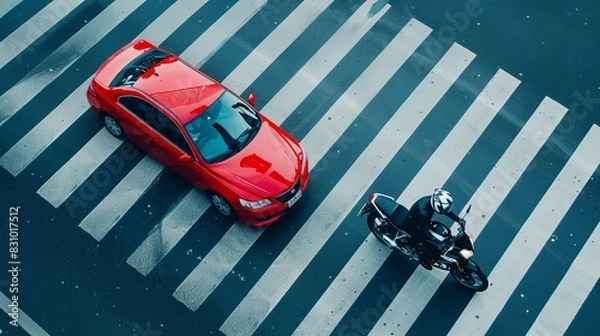 Obraz Car and motorcycle crossing a pedestrian crosswalk zebra on a highway, top view