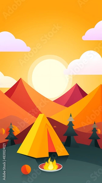 Fototapeta Vector camping tent in the forest.Summer camp with bonfire, tent, backpack . cartoon landscape with mountain, forest and campsite.