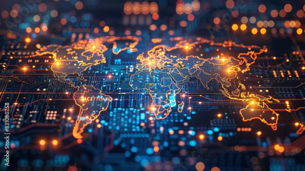Obraz A vibrant digital representation of a world map, illuminated with glowing lights and circuit patterns, symbolizing global connectivity and technology.