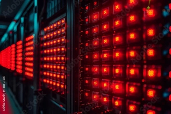 Fototapeta Closeup of a server rack with red lights, showcasing data processing and technology.