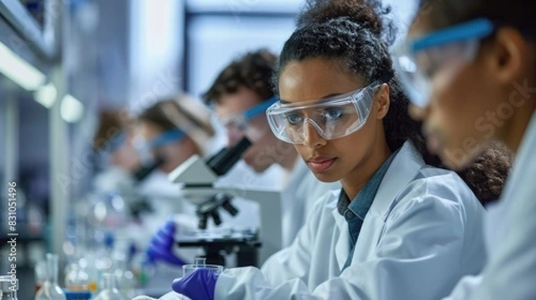 Fototapeta A group of scientists are working in a chemistry lab. 