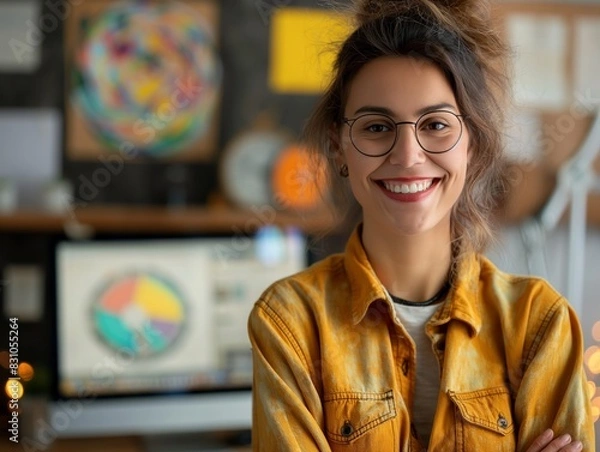 Obraz A Graphic Designer female wearing casual attire, standing in front of a computer workstation with design software, smiling