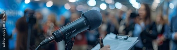 Obraz A journalist taking notes at a press conference, selective focus, realtime reporting theme, dynamic, overlay, conference hall backdrop