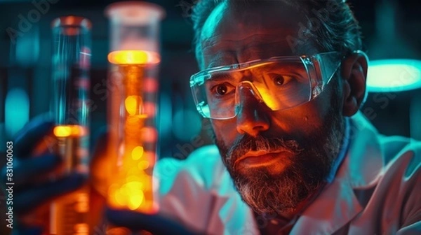Fototapeta A scientist in a lab coat examining a test tube of glowing liquid, symbolizing groundbreaking research and innovative discoveries in science.