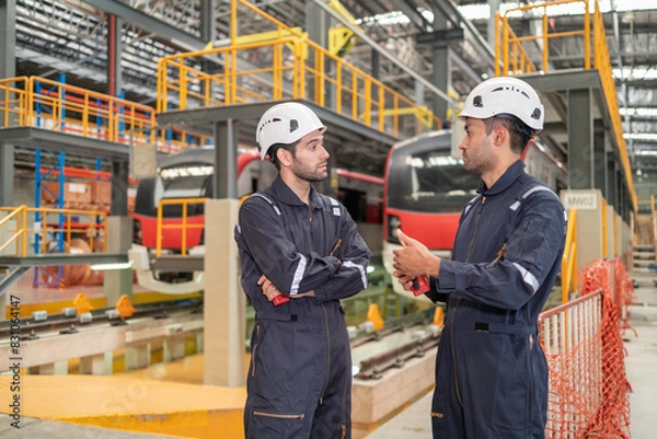 Obraz Train Engineers Discussing Maintenance in Depot