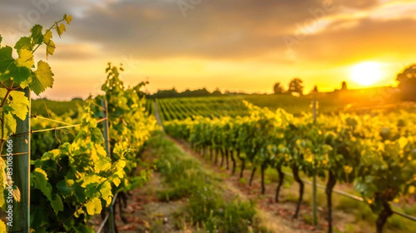 Obraz Golden Sunset Over Lush Vineyard Rows During Summer