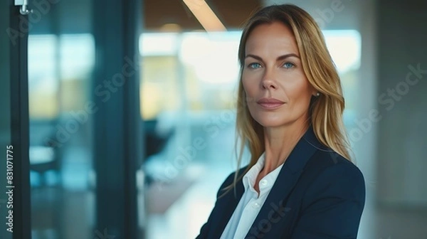 Fototapeta Portrait of a professional woman in a suit standing in a modern office Mature business woman looking at the camera in a workplace meeting area : Generative AI