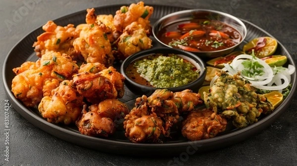 Obraz Closeup of Plate of Indian Pakoras with Assorted Vegetables