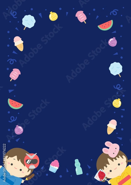 Fototapeta 夏祭りの屋台の食べ物と浴衣を着た子供のかわいいフレーム背景素材、夏のベクターイラスト02