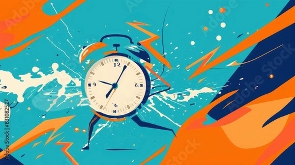 Obraz flat illustration of Footed Alarm Clock. Live clock alarm clock on a blue background, minimalistic design