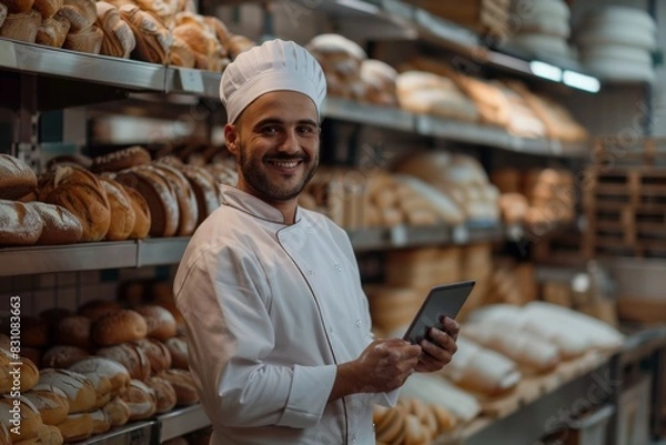 Fototapeta A cheerful male baker in a chef's hat holds a digital tablet in the midst of a well-stocked bakery