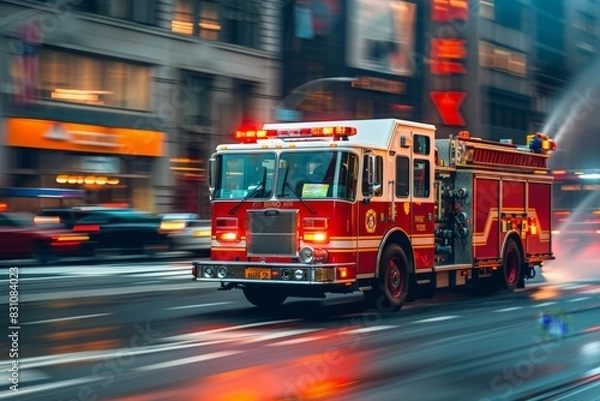 Fototapeta Dynamic image of a fire truck racing through the city streets on an emergency call at sunset