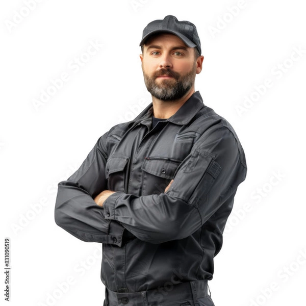 Fototapeta Man stands confidently wearing a professional mechanics uniform in front of a car on white background
