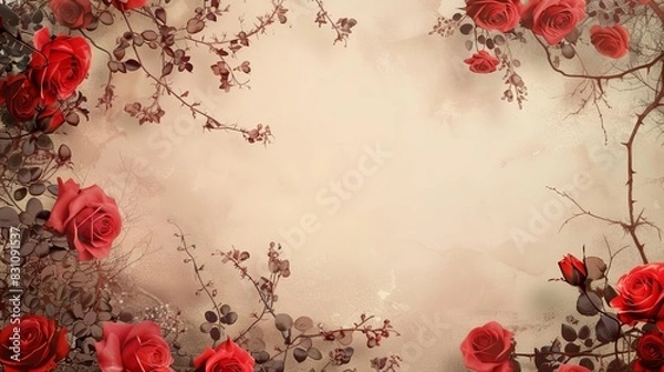 Fototapeta pastel warm background with intricate floral frame of red roses twigs and vines digital illustration