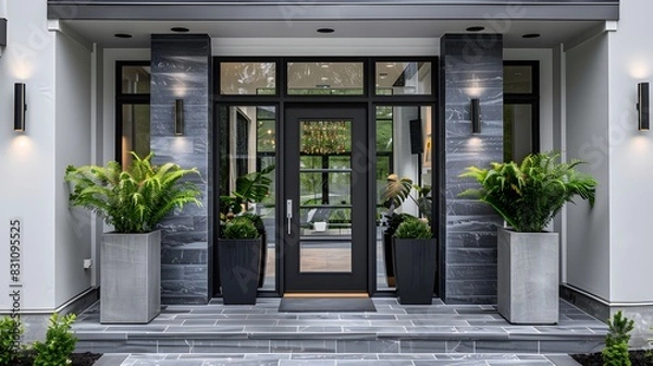 Fototapeta Modern front door with a black frame and glass, framed by square planters on the sides of the house entrance in white color.