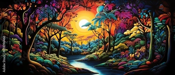 Fototapeta Colorful digital painting of a vibrant fantasy forest at sunset with a winding river, surrounded by lush trees and bright, glowing foliage.