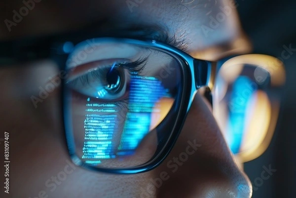 Fototapeta a young man hacker developer coder wears eyeglasses  reflecting codes, numbers  and data, working on computer , close up on glasses, cyber security concept dark background