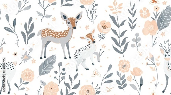 Fototapeta Pastel-colored seamless pattern with hand-drawn botanical elements, featuring leaves, flowers, and charming deer, in a light and airy design