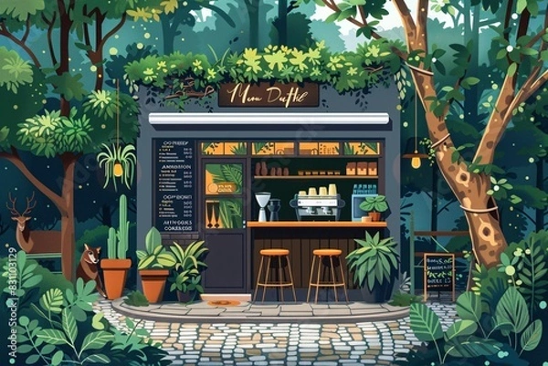 Fototapeta A lively cartoon of an isolated coffee shop in a forest, showcasing a picturesque scene with a cobblestone path, lush greenery, deer grazing nearby, and the shop itself decorated with hanging plants
