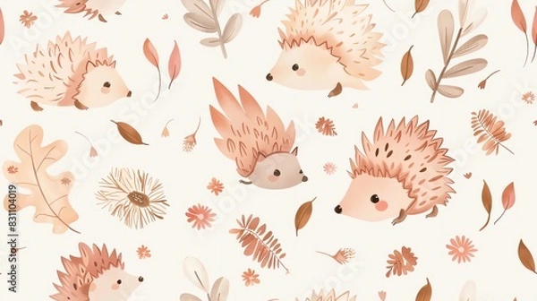Fototapeta Seamless pattern of hand-drawn pastel leaves, floral branches, and cute hedgehogs, perfect for a gentle and artistic botanical theme