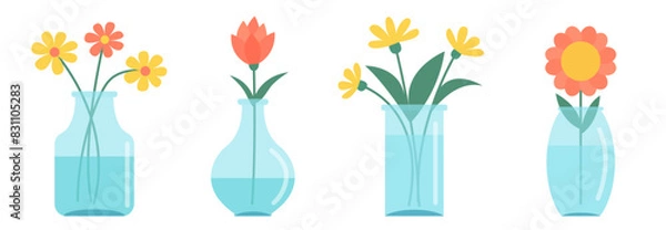 Fototapeta Flower in vase set line. Transparent glass vases with blue water. Different flowers. Cute colorful icon collection. Daisy Tulip Gerbera. Ceramic Pottery decoration. White background Flat design Vector