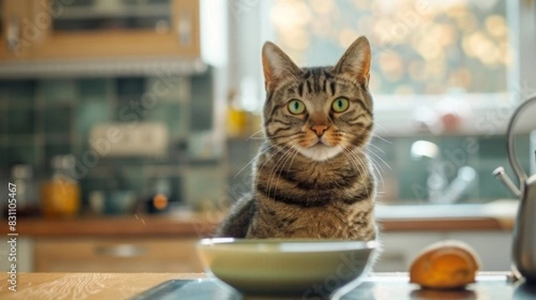 Fototapeta Chubby tabby cat sitting on a kitchen counter, eyeing a bowl of food with a mischievous glint. The scene captures the playful and slightly naughty nature of the cat