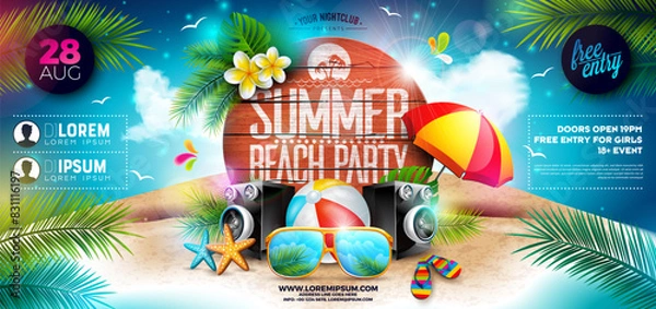 Fototapeta Summer Beach Party Banner Flyer Design with Sunglasses and Beach Ball on Tropical Island with Typography Lettering on Vintage Wood Board Background. Vector Summer Holiday Illustration with Exotic Palm