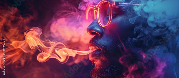 Fototapeta Modern vape shop banner featuring stylish men vaping in an urban setting with neon lights and graffiti
