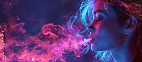 Fototapeta Modern vape shop banner featuring stylish woman vaping in an urban setting with neon lights and graffiti