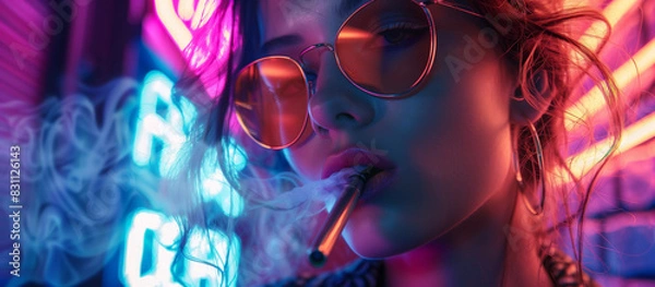 Fototapeta Modern vape shop banner featuring stylish woman vaping in an urban setting with neon lights and graffiti