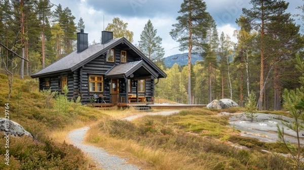 Obraz Exterior of a Nordic-style timber cabin with a gabled roof, nestled on the edge of a forest, with a winding path leading to the front door, inviting exploration and adventure