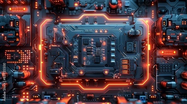 Fototapeta Nanotechnology illustration of a quantum processor with AI-driven circuits, symbolizing the convergence of these cutting-edge technologies. Minimal and Simple style