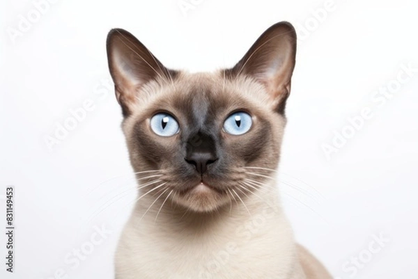 Obraz Portrait of a smiling tonkinese cat over white background