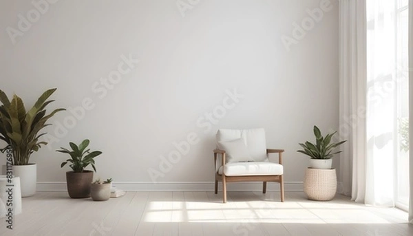 Fototapeta Minimalist modern living room interior background, empty wall mockup, living room mock up in Scandinavian style. 3d rendering
