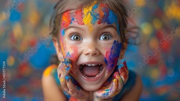 Obraz a Caucasian girl gleefully displays her hands adorned with colorful paint, showcasing her creative and imaginative side.