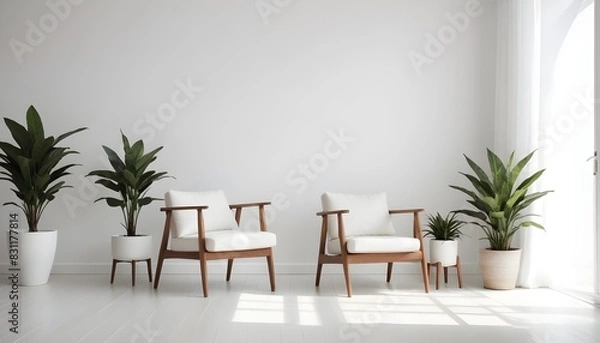 Fototapeta Minimalist modern living room interior background, empty wall mockup, living room mock up in Scandinavian style. 3d rendering
