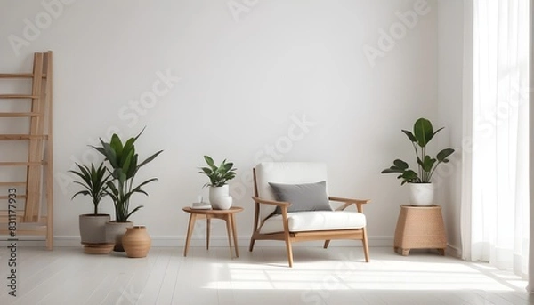 Obraz Minimalist modern living room interior background, empty wall mockup, living room mock up in Scandinavian style. 3d rendering