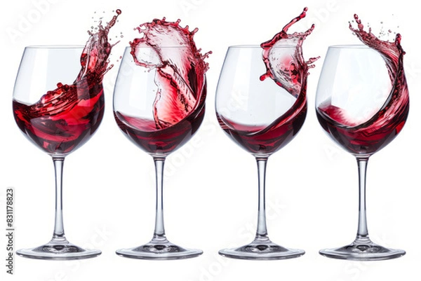 Obraz A set of elegant wine glasses toasting, showcasing a deep red wine with a delicate wine splash effect.