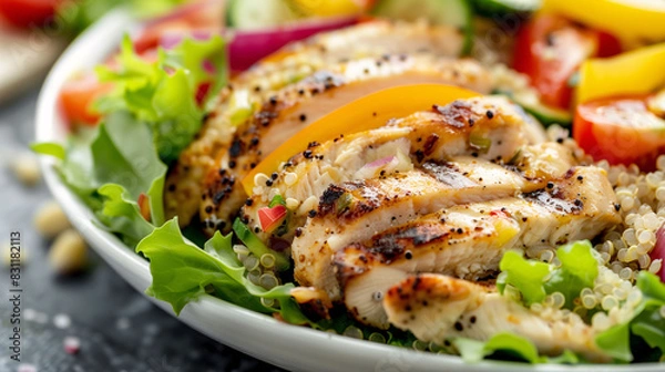 Obraz Healthy Delight: Close-Up of a Vibrant Salad with Grilled Chicken, Quinoa, and Colorful Vegetables, Drizzled with Light Vinaigrette