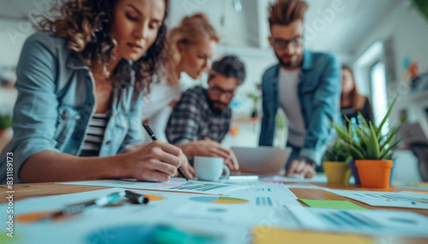 Fototapeta a close-up image of a group of employees in a modern open-plan office, gathered around a desk and engaged in a brainstorming session, Teamwork, Group Of People, Business Person, Bu
