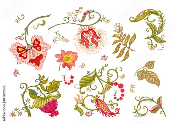 Fototapeta Fantasy flowers in retro, vintage, jacobean embroidery style. Clip art, set of elements for design Vector illustration.