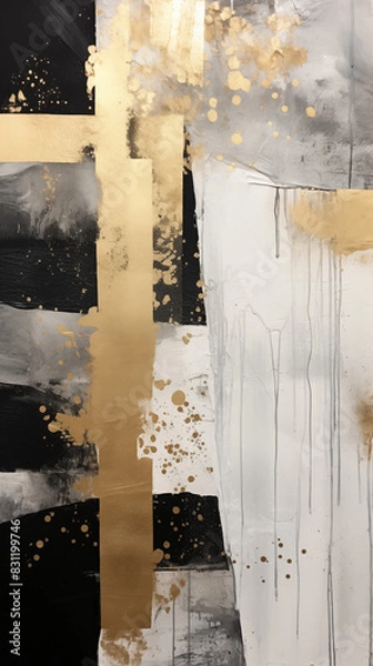 Fototapeta Abstract Image, Granular Drawing, Charcoal and Gold Leaf on Paper, Wallpaper, Background, Cell Phone and Smartphone Cover, Computer Screen, Cell Phone and Smartphone Screen, 9:16 Format - PNG