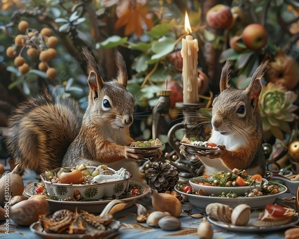 Obraz Two squirrels enjoy a festive meal surrounded by autumn decor, pinecones, and candles in a cozy, enchanted forest setting.
