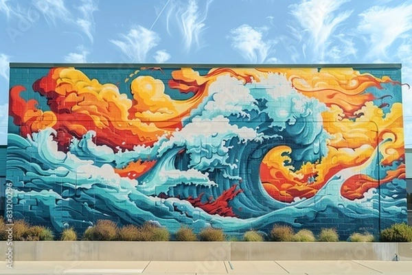 Obraz Vibrant street art mural of waves and clouds on a building wall, showcasing colorful and dynamic urban artwork against a clear sky.